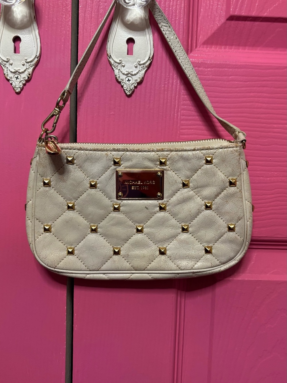 Michael Kors Cream Quilted Studded Wristlet